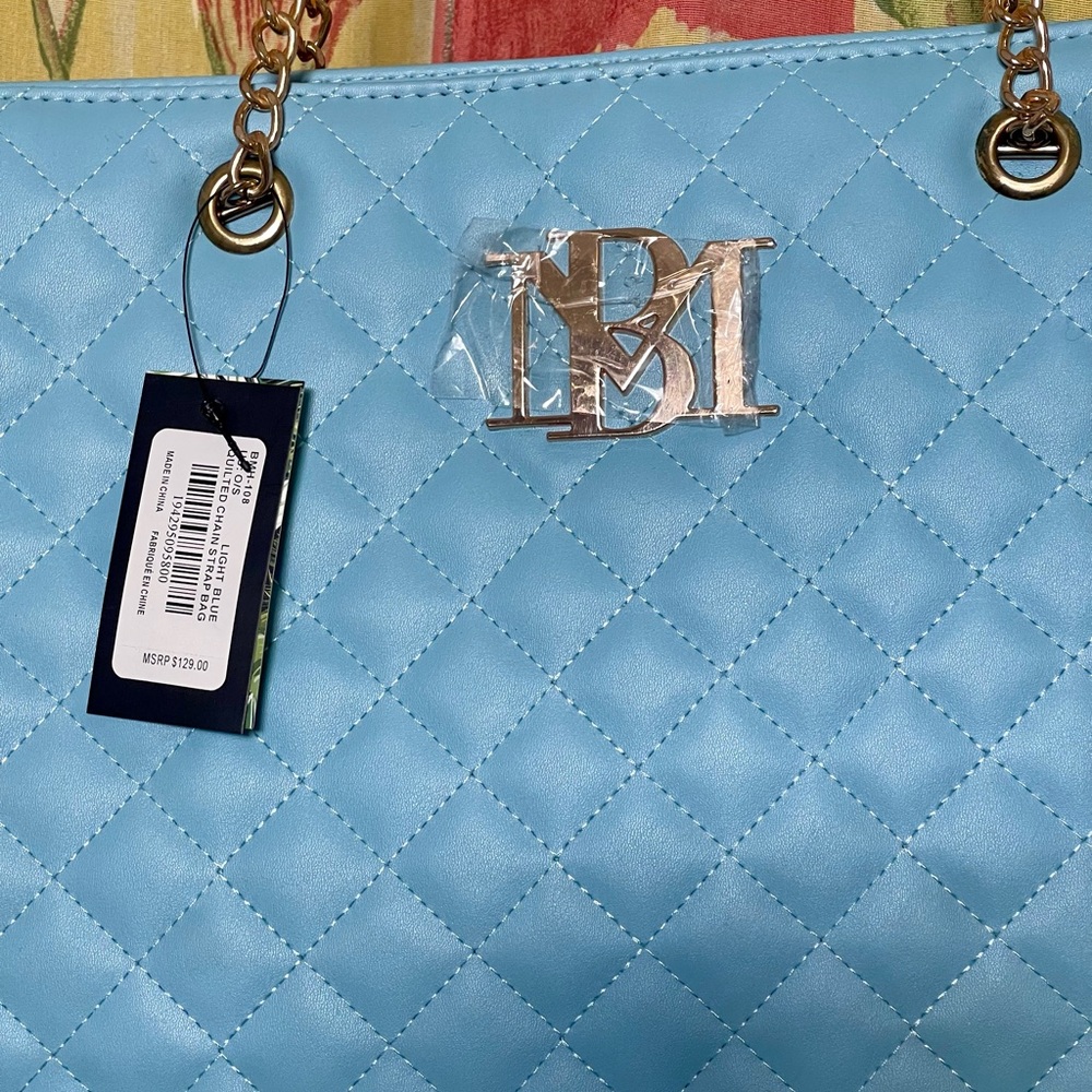 Light Blue Quilted Badgley Mischka Tote Bag with Gold Chain Straps, NWT!! - Picture 2 of 8